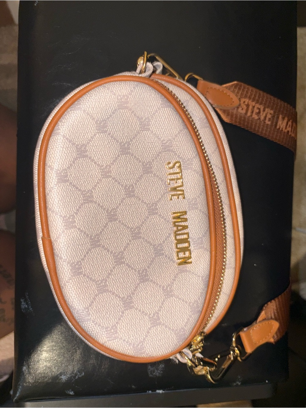 Steve Madden Pink Cream Oval Crossbody with Tan Trim